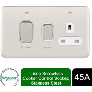Schneider Electric Lisse Screwless Deco - Switched Cooker Control Unit with 13A Single Power Socket, Neon Indicator, 45A, GGBL4001WSS, Stainless Steel