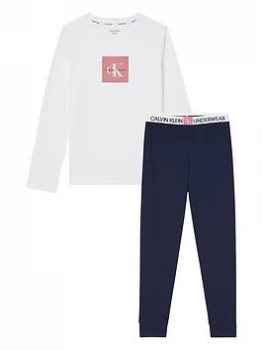 Calvin Klein Girls Long Sleeve Knit Pj Set - Navy/white, Navy/White, Size 10-12 Years, Women