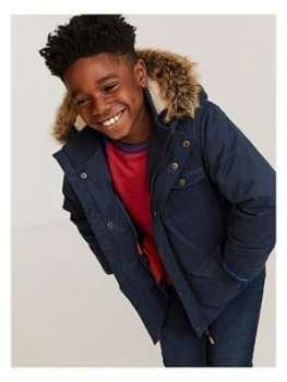 FatFace Boys Brampton Faux Fur Hooded Parka - Navy, Size Age: 7-8 Years