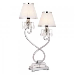 2 Light Twin Table Lamp Polished Nickel Plate with White Shades, E14