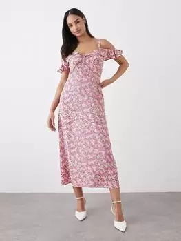 Dorothy Perkins Floral Pink Cold Shoulder Midi Dress - Pink, Size 18, Women