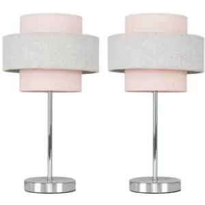 2 x Chrome Touch Table Lamps - Pink & Grey Herringbone - No Bulb