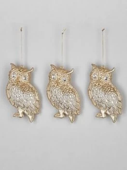 Festive Set Of 3 Clear And Gold Owl Hanging Christmas Tree Decorations