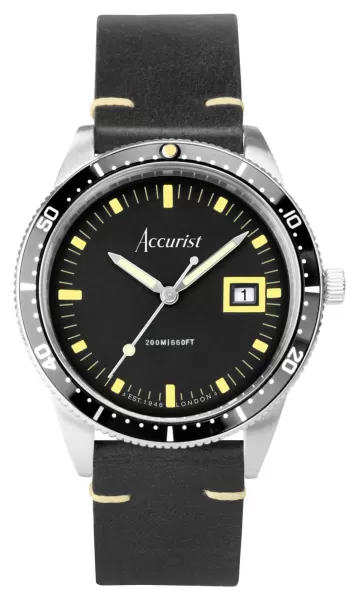 Accurist 72001 Dive Mens Black Dial Black Leather Strap Watch