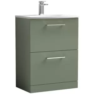 Arno Satin Green 600mm 2 Drawer Vanity Unit with 30mm Profile Curved Basin - ARN833G - Satin Green - Nuie