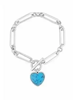 Mood Silver Turquoise Semi Precious Heart Charm T-Bar Chain Bracelet, Silver, Women