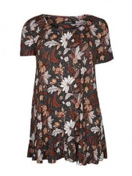 Evans Floral Frill Short Sleeve Tunic - Multi, Size 14, Women