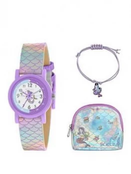 Tikkers Tikkers White And Purple Dial Iridescent Mermaid Strap Kids Watch With Matching Purse And Bracelet Gift Set
