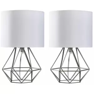 2 x Cage Table Lamps - Silver & White