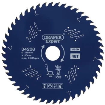 34208 Expert TCT Circular Saw Blade for Wood with PTFE Coating 210 x 30mm 48T - Draper