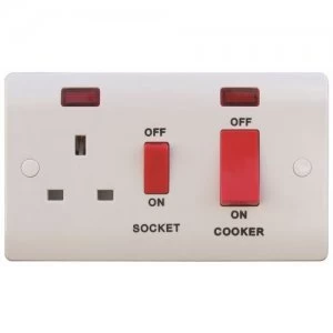 ESR Sline 45A White 2G Double Pole 230V Electric Wall Plate Cooker Switch and 13A Socket with Neons