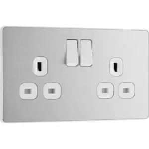 BG Evolve Brushed Steel (White Ins) Double Switched 13A Power Socket in Silver