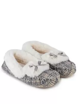 TOTES Brushed Check Moccasin Slipper - Grey, Size 5-6, Women