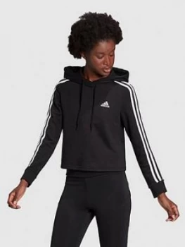 adidas 3 Stripe Cropped Hoodie - Black/White, Size L, Women
