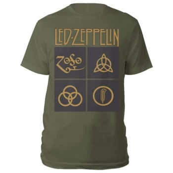 Led Zeppelin - Gold Symbols in Black Square Unisex Medium T-Shirt - Green