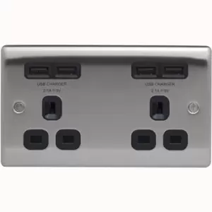BG Nexus Metal Brushed Steel 2 Gang Plug Socket with 4 x USB Outlets Outlet Black Insert 13A - NBS24U44B