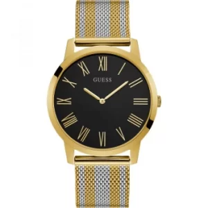 GUESS Gents gold watch with Black dial and two tone mesh bracelet.