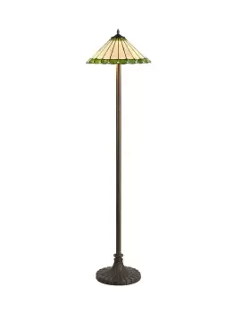 2 Light Stepped Design Floor Lamp E27 With 40cm Tiffany Shade, Green, Crystal, Aged Antique Brass
