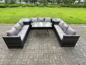 9 Seater Rattan Outdoor Furniture Sofa Garden Dining Set with Patio Dining Table 2 Side Tables Dark Grey