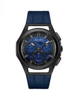 Bulova Curv Blue And Black Detail Chronograph Dial Blue Leather Strap Mens Watch