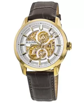 Bulova Classic White Skeleton Dial Brown Leather Strap Mens Watch 97A138 97A138