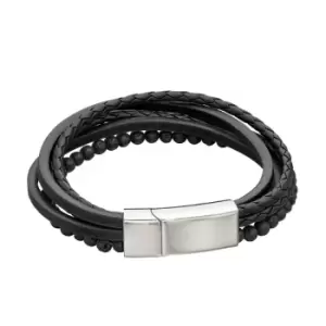 Fred Bennett Recycled Black Leather & Lava Beads Multi Row Bracelet