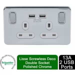 Schneider Electric Lisse Screwless Deco - Switched Double Power Socket, Single Pole with USB Charging Ports, 13A, GGBL30202USBAWPCS, Polished Chrome w