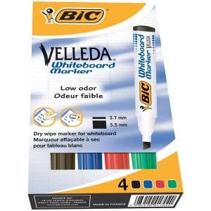 Bic Velleda 1751 Chisel Tip Whiteboard Marker Assorted Colours Black Blue Red Green Pack of 4 Markers