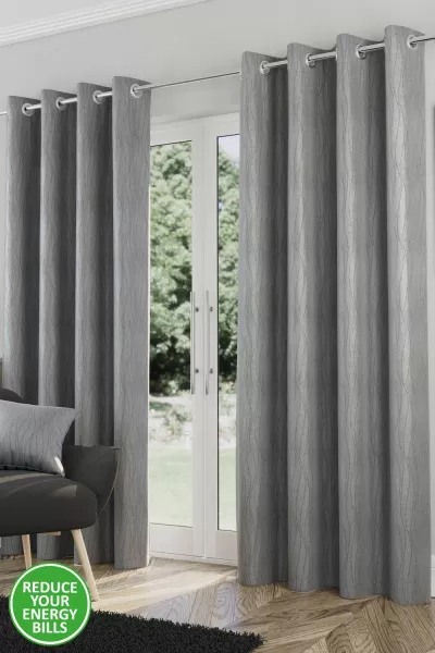 Enhanced Living Goodwood Silver Thermal, Energy Saving, Dimout Eyelet Pair Of Curtains With Wave Pattern 66 X 90" (168X229Cm)