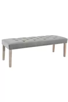 Grey Velvet Dining Bench Button Studded Frame With Solid Wooden Legs