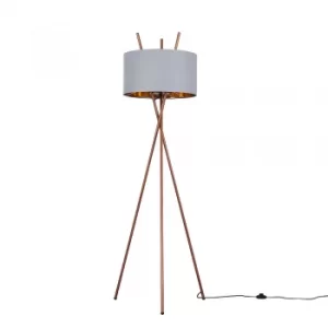 Crawford Copper Tripod Floor Lamp with XL Grey and Copper Reni Shade