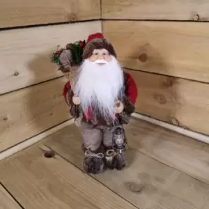 Festive 30cm Tall Standing Woodland Rustic Christmas Santa with Present and Oil Lamp
