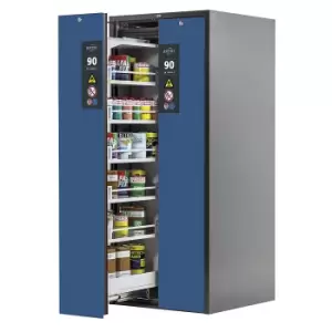 asecos Type 90 fire resistant vertical pull-out cabinet, 2 drawers, 10 shelves, grey/blue