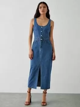 Dorothy Perkins Denim Pinafore Midi Dress - Mid Wash, Blue, Size 12, Women