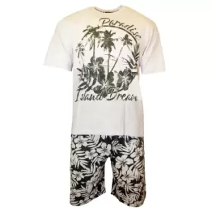 Cargo Bay Mens Paradise Island Dream Marl T-Shirt & Shorts Pyjama Set (M) (Ecru Marl/Khaki)