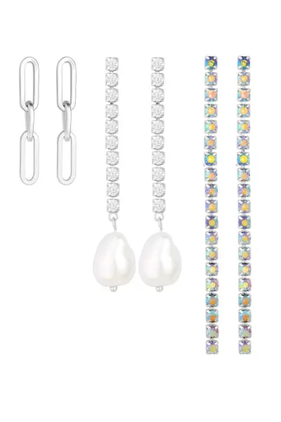 Silver Crystal Linear Pearl Charm Drop Earrings - Pack Of 3