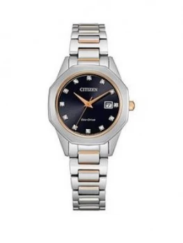 Citizen Eco-Drive Black And Rose Gold Detail Dial Black Patent Leather Strap Ladies Watch