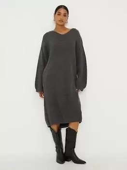 Dorothy Perkins V Neck Knitted Midi Dress - Charcoal, Grey Size M Women