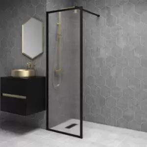 Black 700mm Fluted Glass Wet Room Shower Screen with Wall Support Bar - Volan