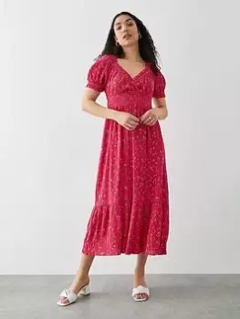 Dorothy Perkins Floral Shirred Waist Midi Dress - Red, Size 10, Women