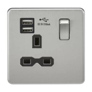 KnightsBridge 13A 1G Screwless Brushed Chrome 1G Switched Socket with Dual 5V USB Charger Ports - White Insert