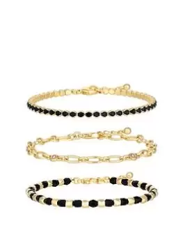 Mood Gold Black Bead And Celestial Chain Bracelet - Pack of 3, Yellow Gold, Women