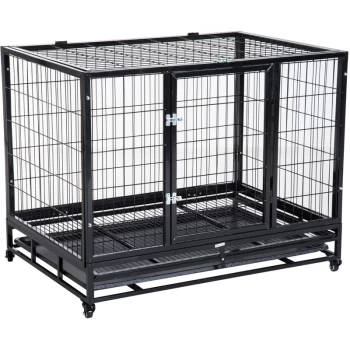 43' Heavy Duty Metal Dog Kennel Pet Cage with Crate Tray and Wheels - Black (Large) - Pawhut