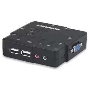 Manhattan KVM Switch Compact 2-Port 2x USB-A Cables included Audio Support Control 2x computers from one pc/mouse/screen Black Lifetime Warranty Boxed