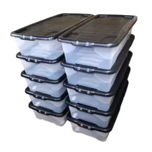 10 x 42L Clear Under Bed Storage Box with Black Lid, Stackable and Nestable Design Storage Solution