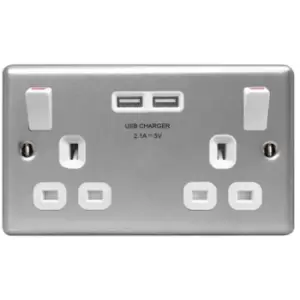 BG Metal Clad 2 Gang Switched Socket with USB Ports - Silver