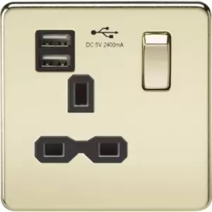 Screwless 13A 1G Switched Socket with dual usb charger (2.4A) - Polished Brass with Black Insert 230V IP20