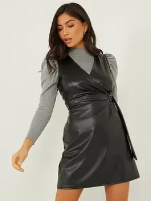 Quiz Faux Leather Pinafore Dress, Black, Size 6, Women