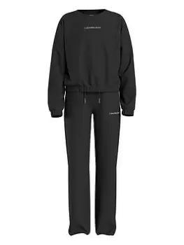 Calvin Klein Jeans Girls Logo Boxy Crew Sweat And Sweatpants Set - Black, Size Age: 10 Years, Women