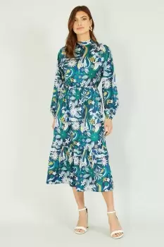 Green Seventies Floral Print High Neck Midi Dress With Long Sleeves